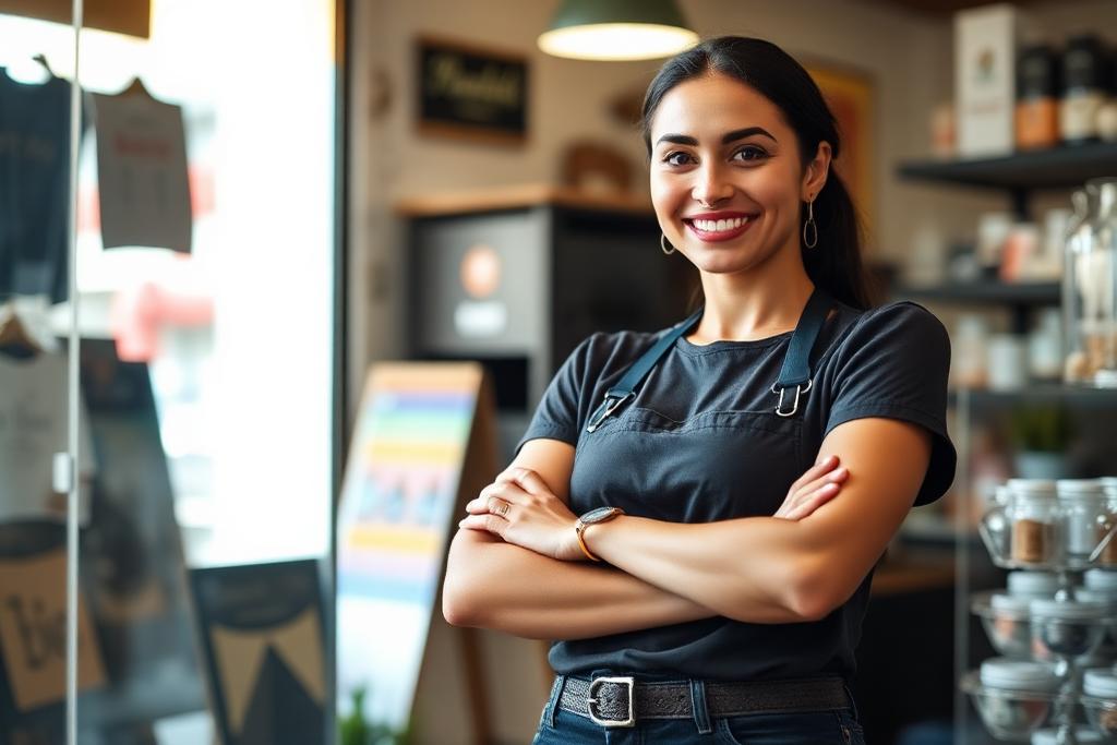 Empreendedora sorrindo na entrada do próprio negócio