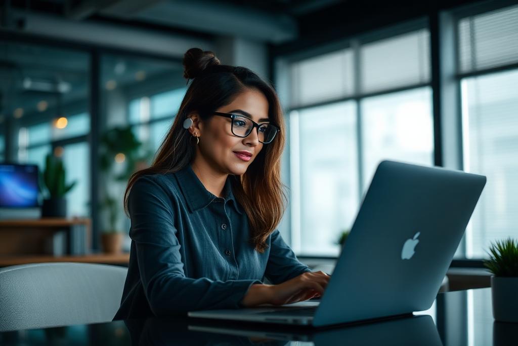 Empresária utilizando ferramentas de inteligência artificial no notebook