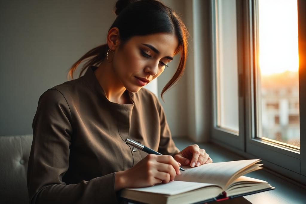 Empresária escrevendo metas e reflexões de liderança em seu planejamento
