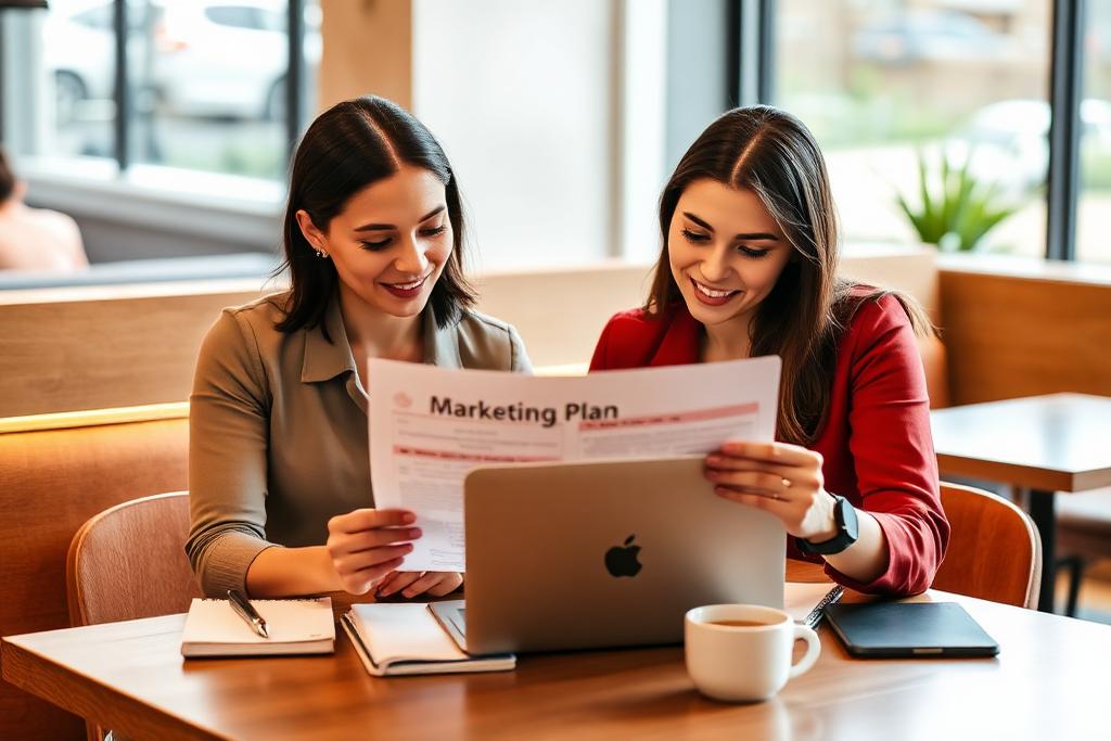 Duas empresárias revisando plano de marketing e posicionamento da empresa