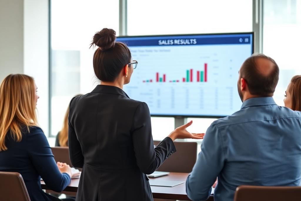 Empresária apresentando resultados de vendas para a equipe em reunião